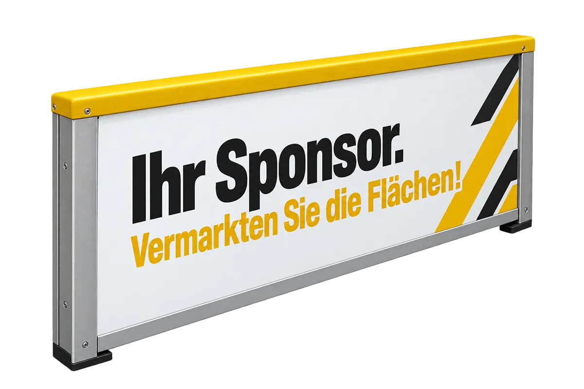 Mobiles Bandensystem mit Sponsorenlogos beklebt in einer Sporthalle
